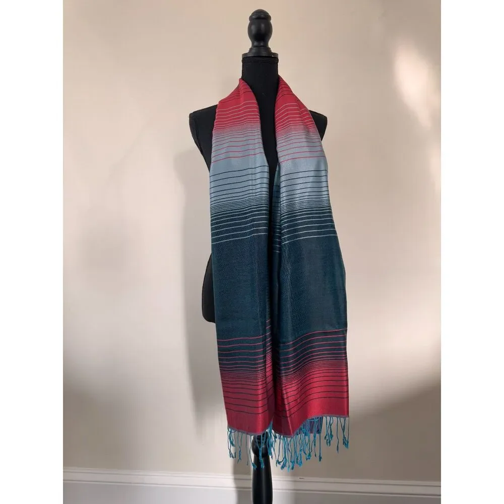 Bulbul Handicraft Silk Wool Blend Scarf from India Teal Red Striped Fringe Wrap